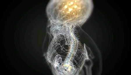 Transparent head and torso showing brain, spinal cord, and bones