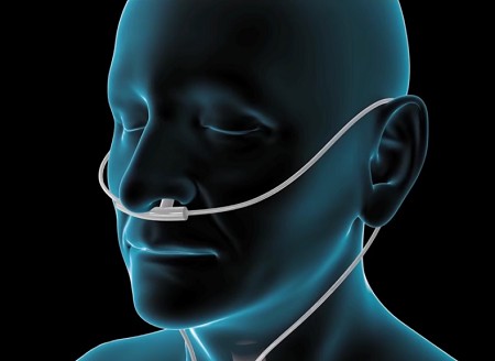 Graphic of man's head with oxygen tube and nasal cannula