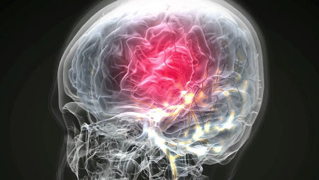 Semitransparent skull with red light coming from center of brain